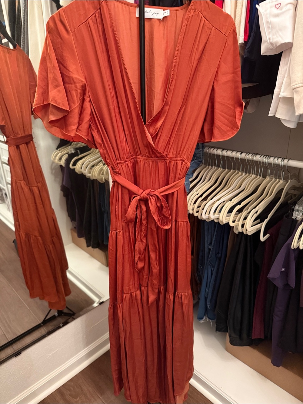Petal and Pup Rust Tiered Wrap Midi Dress with Tie Waist
